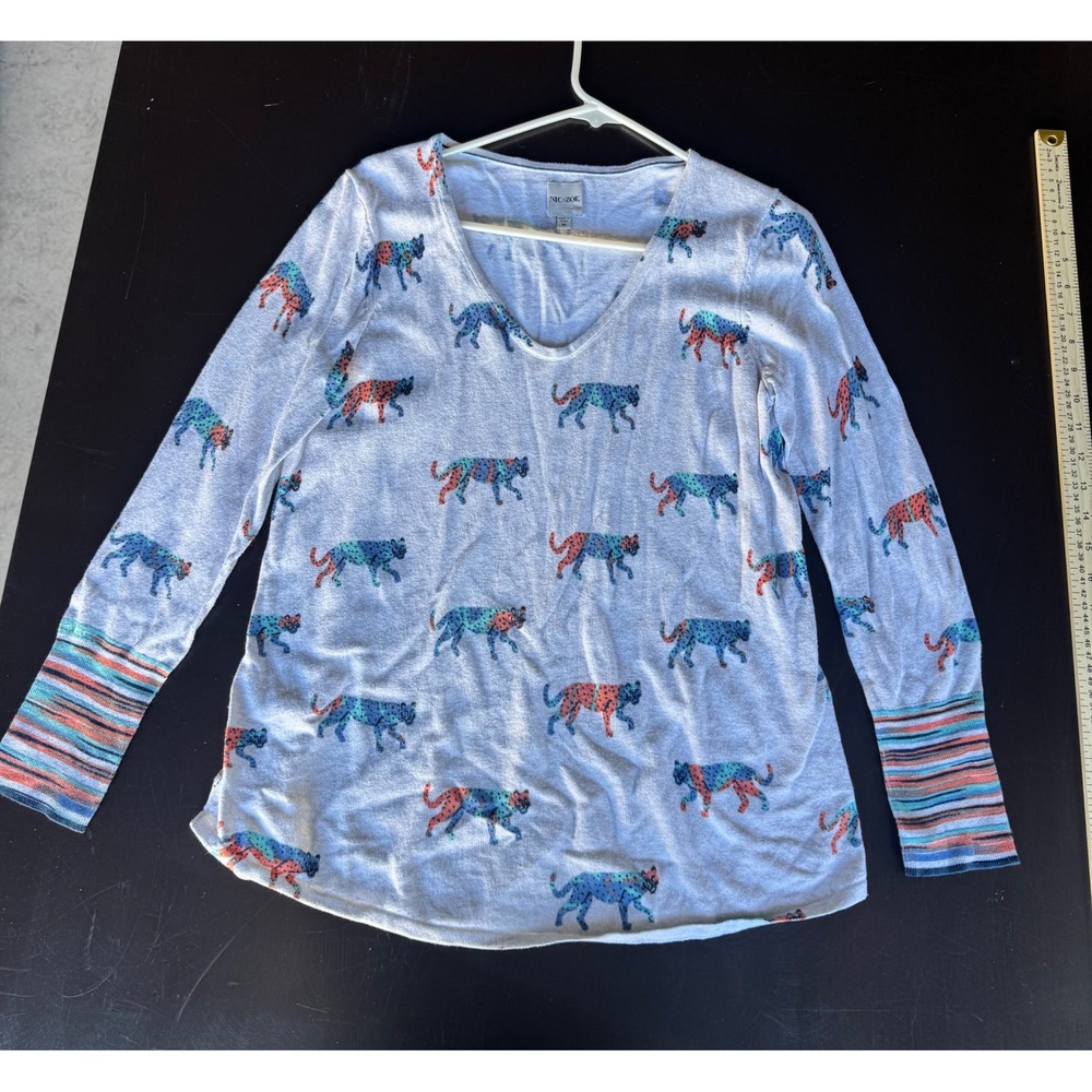 Nic+Zoe Womens Tiger Print V-Neck Sweater Gray Blue Orange Striped Cuff Size M